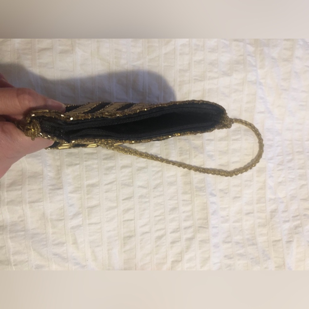 Beaded Gatsby Art Deco Purse Black and Gold Zipper Enclosure Evening Party Bag - Picture 9 of 10